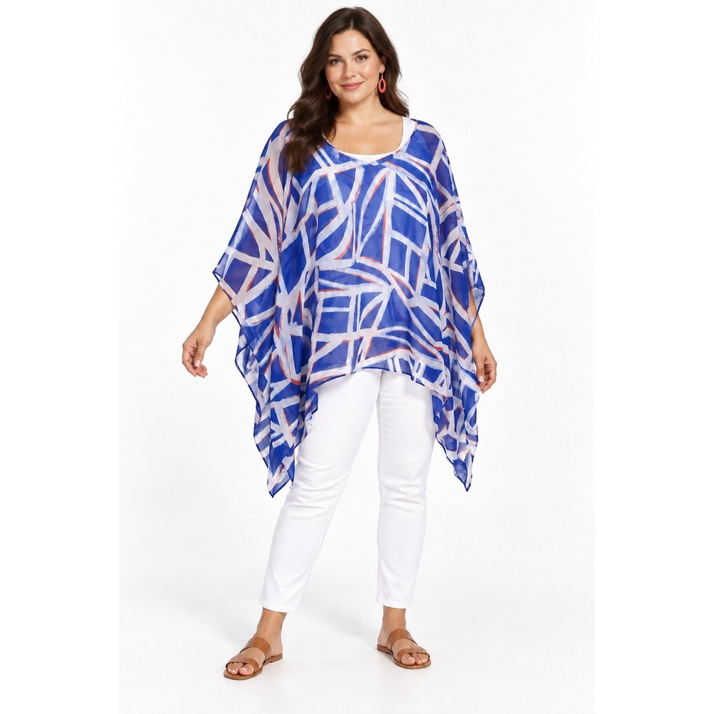 Sheer Abstract Poncho Top XL Blue White Red Asymmetrical Artsy Resort Lagenlook